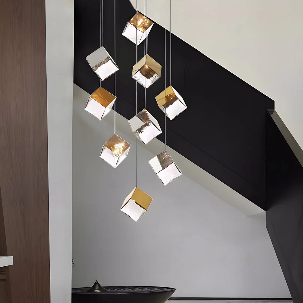 1/3/6/9-Light Multi Glass Ice Cube Metallic Staircase Chandelier - XYlight
