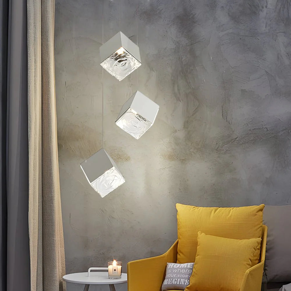 1/3/6/9-Light Multi Glass Ice Cube Metallic Staircase Chandelier - XYlight