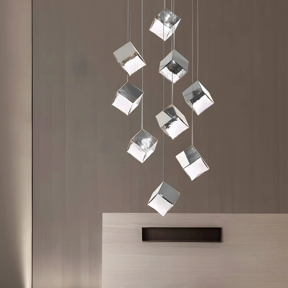 1/3/6/9-Light Multi Glass Ice Cube Metallic Staircase Chandelier - XYlight