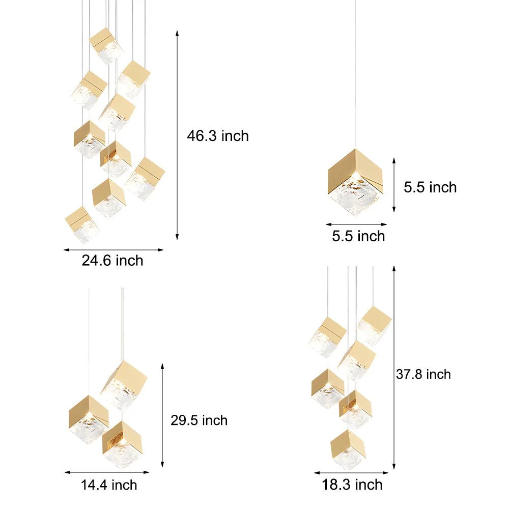 1/3/6/9-Light Multi Glass Ice Cube Metallic Staircase Chandelier - XYlight