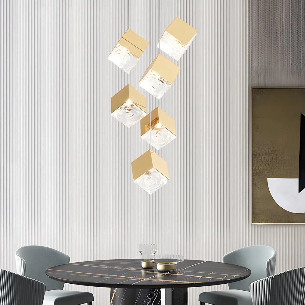1/3/6/9-Light Multi Glass Ice Cube Metallic Staircase Chandelier - XYlight