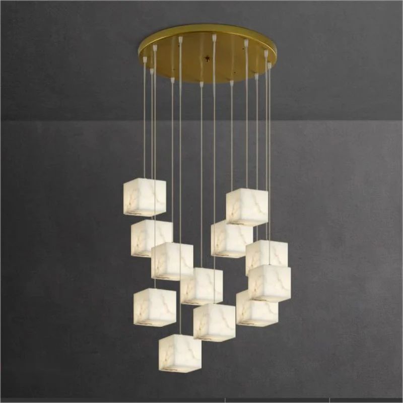 Alabaster Cube Foyer Staircase Long Chandelier - XYlight