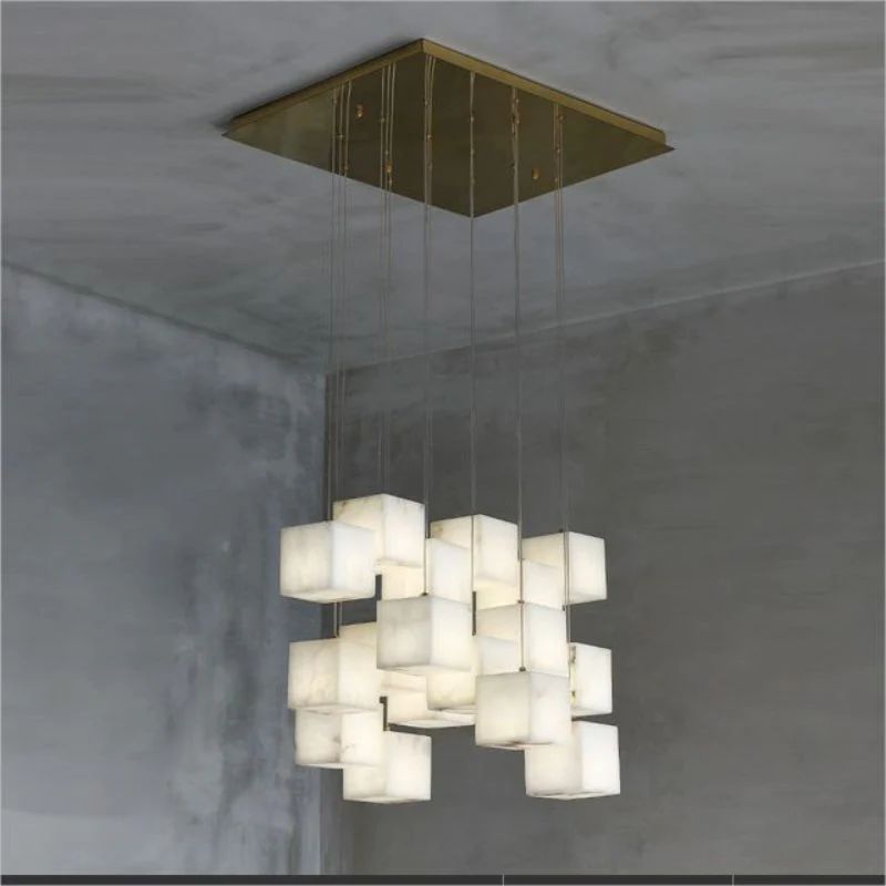 Alabaster Cube Foyer Staircase Long Chandelier - XYlight
