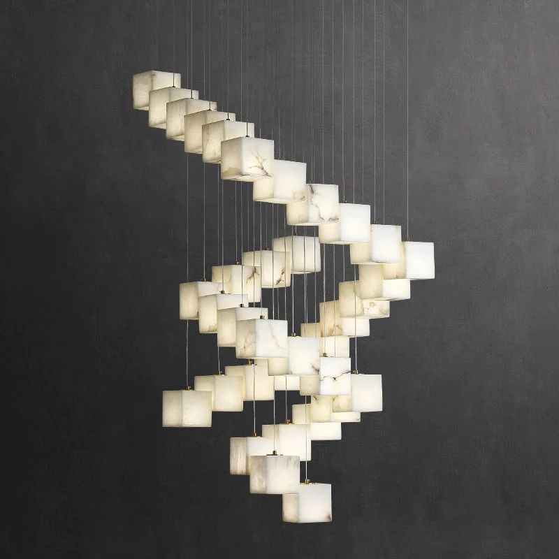 Alabaster Cube Foyer Staircase Long Chandelier - XYlight
