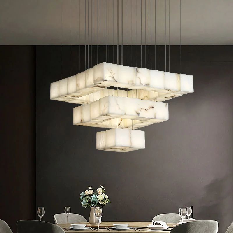 Alabaster Cube Foyer Staircase Long Chandelier - XYlight