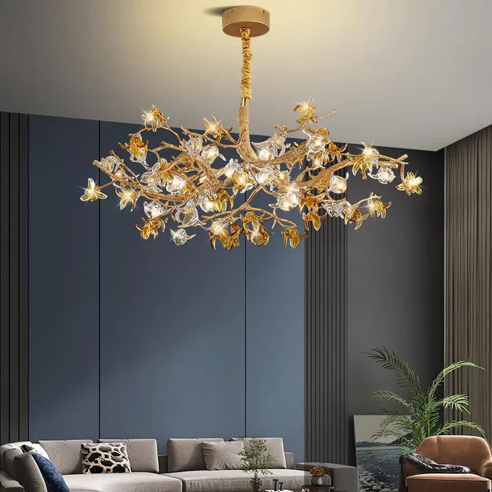 Aosta Orchid Branch & Crystal Bloom Brass Chandelier - XYlight