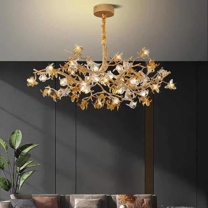 Aosta Orchid Branch & Crystal Bloom Brass Chandelier - XYlight