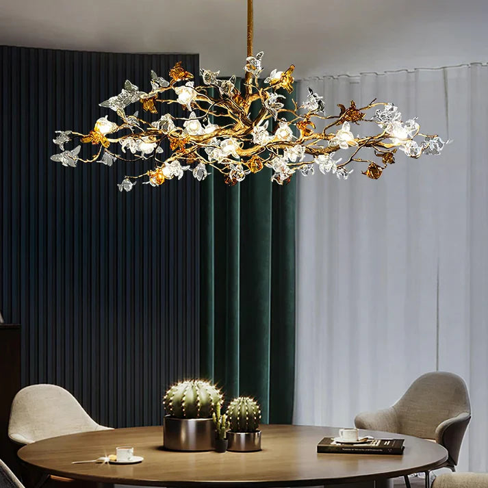 Aosta Orchid Branch & Crystal Bloom Brass Chandelier - XYlight