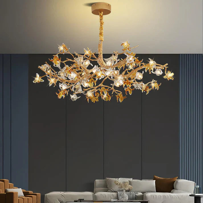 Aosta Orchid Branch & Crystal Bloom Brass Chandelier - XYlight