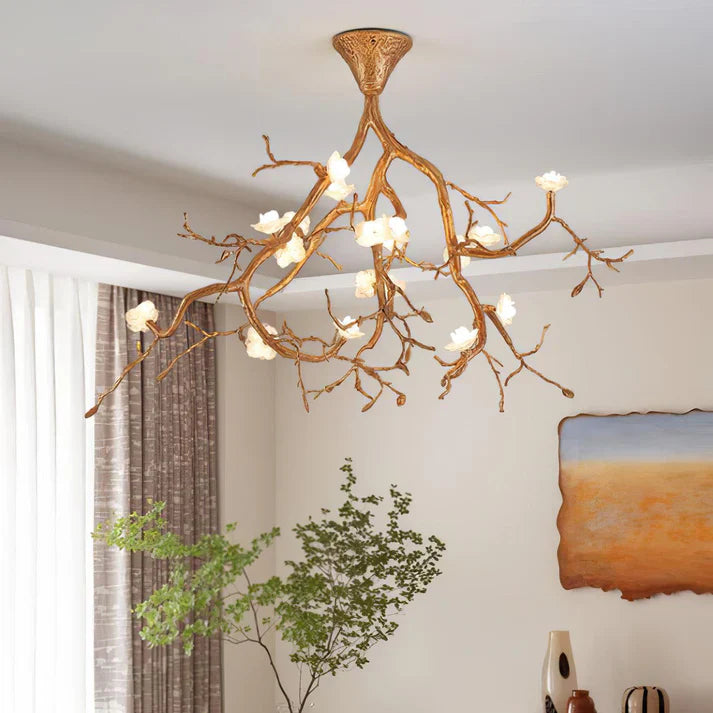 Aurelia Golden Branch & Porcelain Bloom Chandelier - XYlight