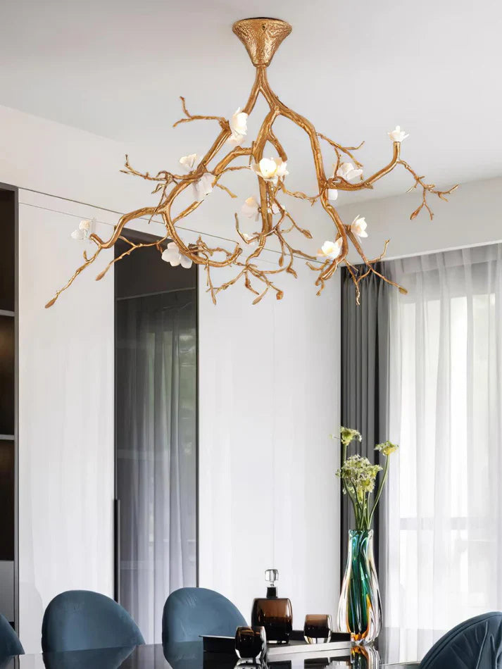 Aurelia Golden Branch & Porcelain Bloom Chandelier - XYlight