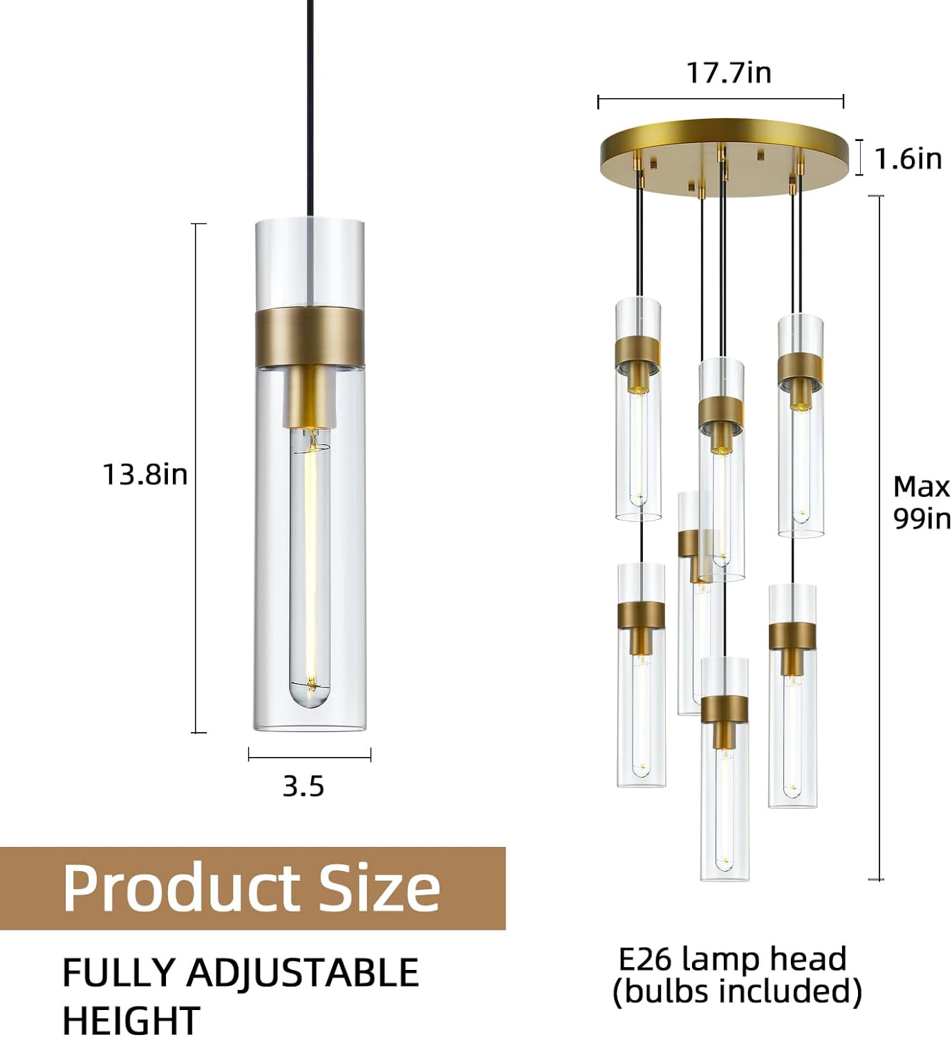 Glass Tube Brass Pendant Lights 1 Light/7 Lights - XYlight