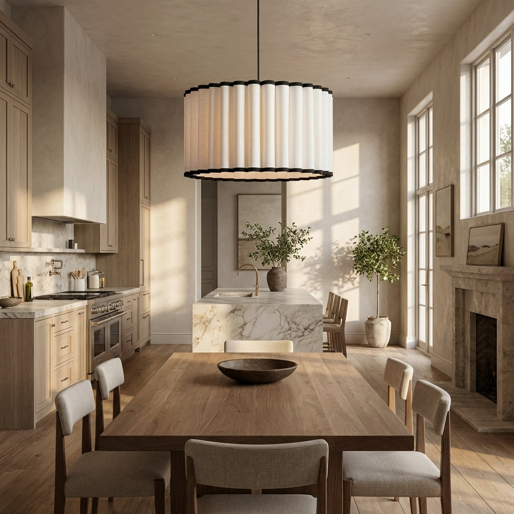 Mara Pleated Linen & Black Trim Pendant - XYlight