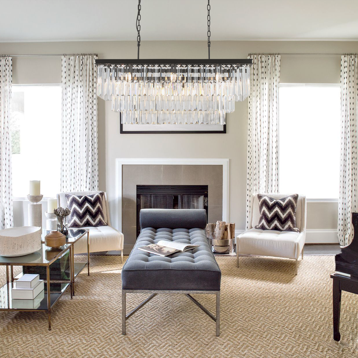 Olmavor 1920s-Style 3-Tier Crystal Rectangular Chandelier - XYlight